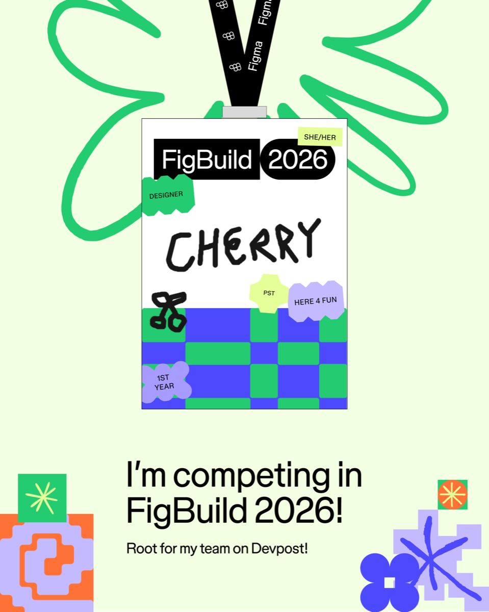 My FigBuild 2026 participant badge — a lanyard reading CHERRY, designer, first year.