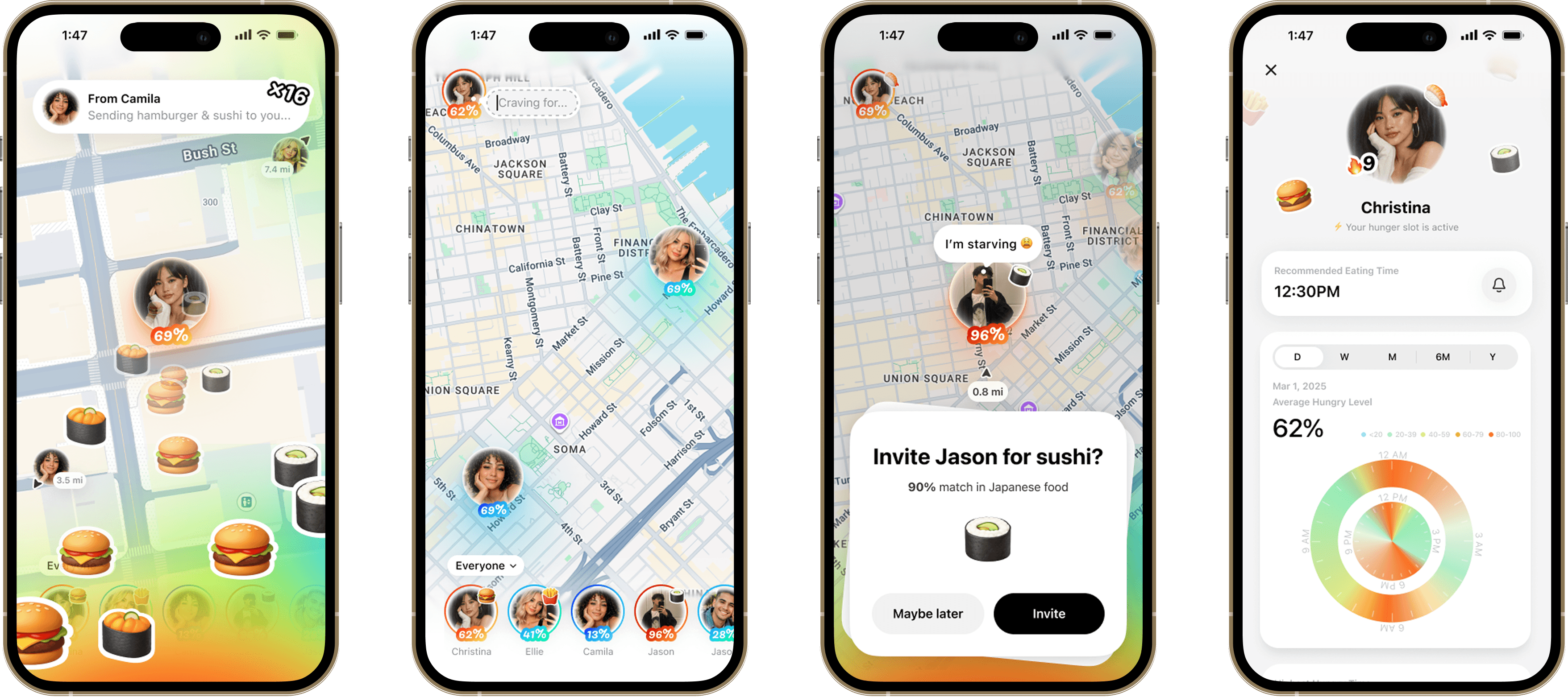 Four Grumble screens: a hunger map, friends nearby, a sushi invite, and a personal hunger profile.