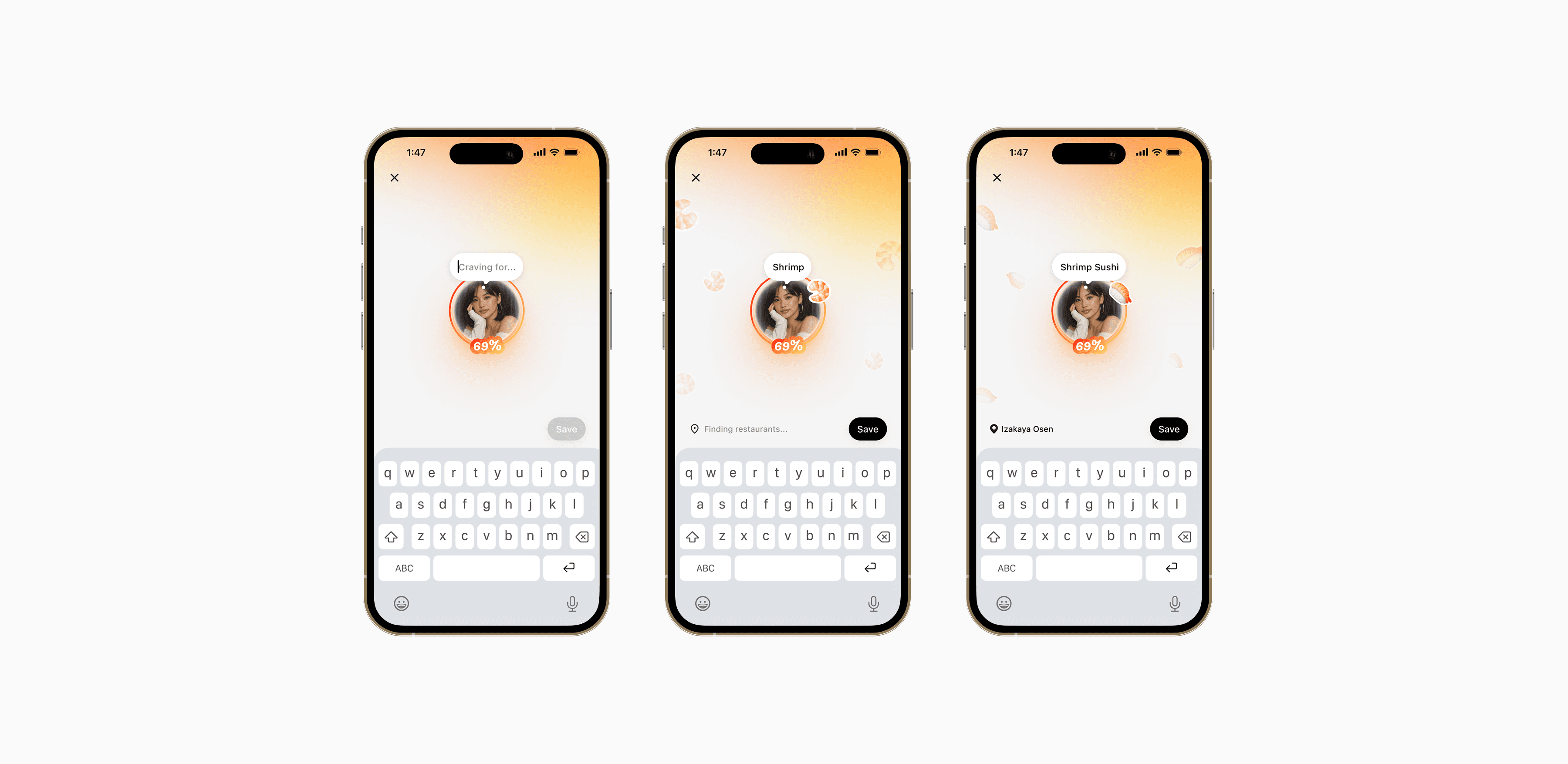Grumble screens showing hunger rings on nearby profiles.