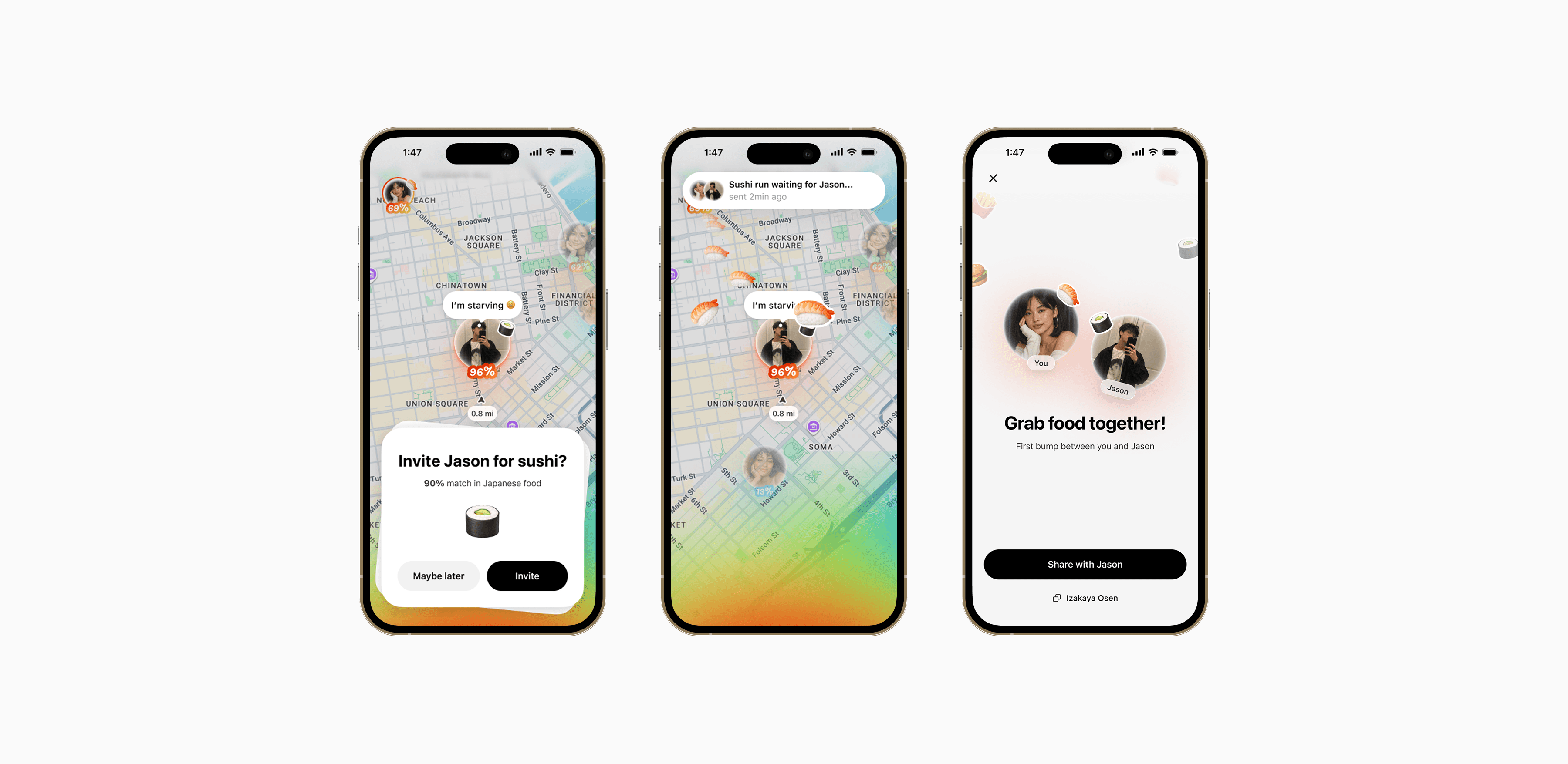 Grumble screens: invite a friend for sushi, a pending sushi run, and grabbing food together.