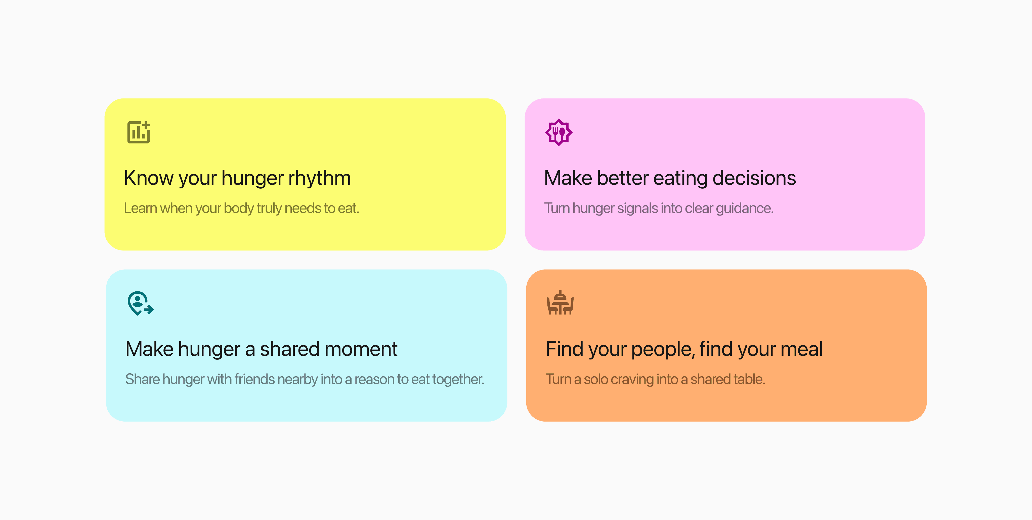 Four goals: know your hunger rhythm, make better eating decisions, make hunger a shared moment, and find your people, find your meal.