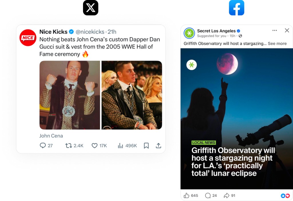 X and Facebook posts, where identity frames how the content reads.