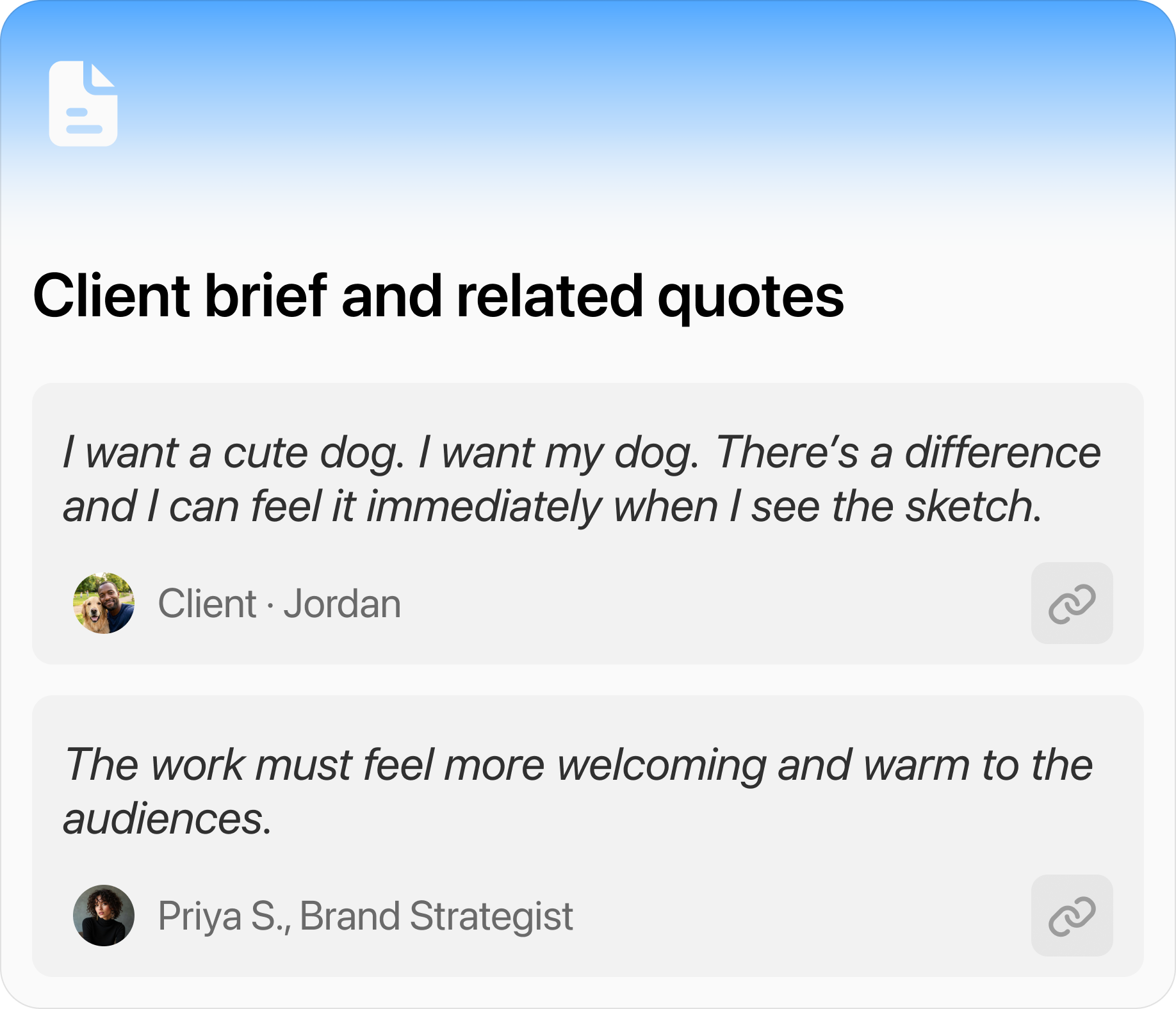 The original brief, with the client and team quotes it's checked against
