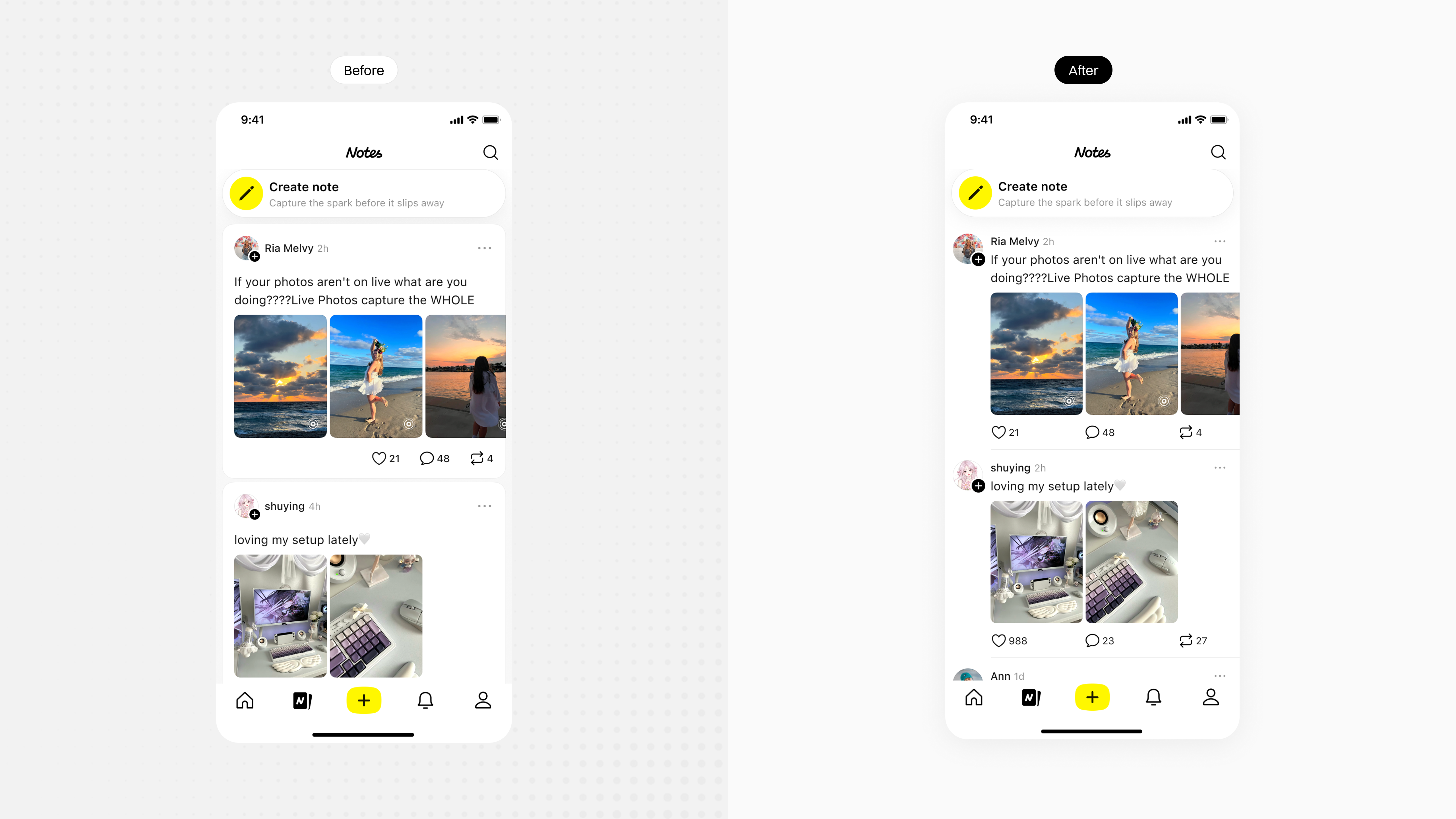 Before and after of the Notes feed: identity sits above the post on the left; on the right, identity frames the content so the caption and images lead.