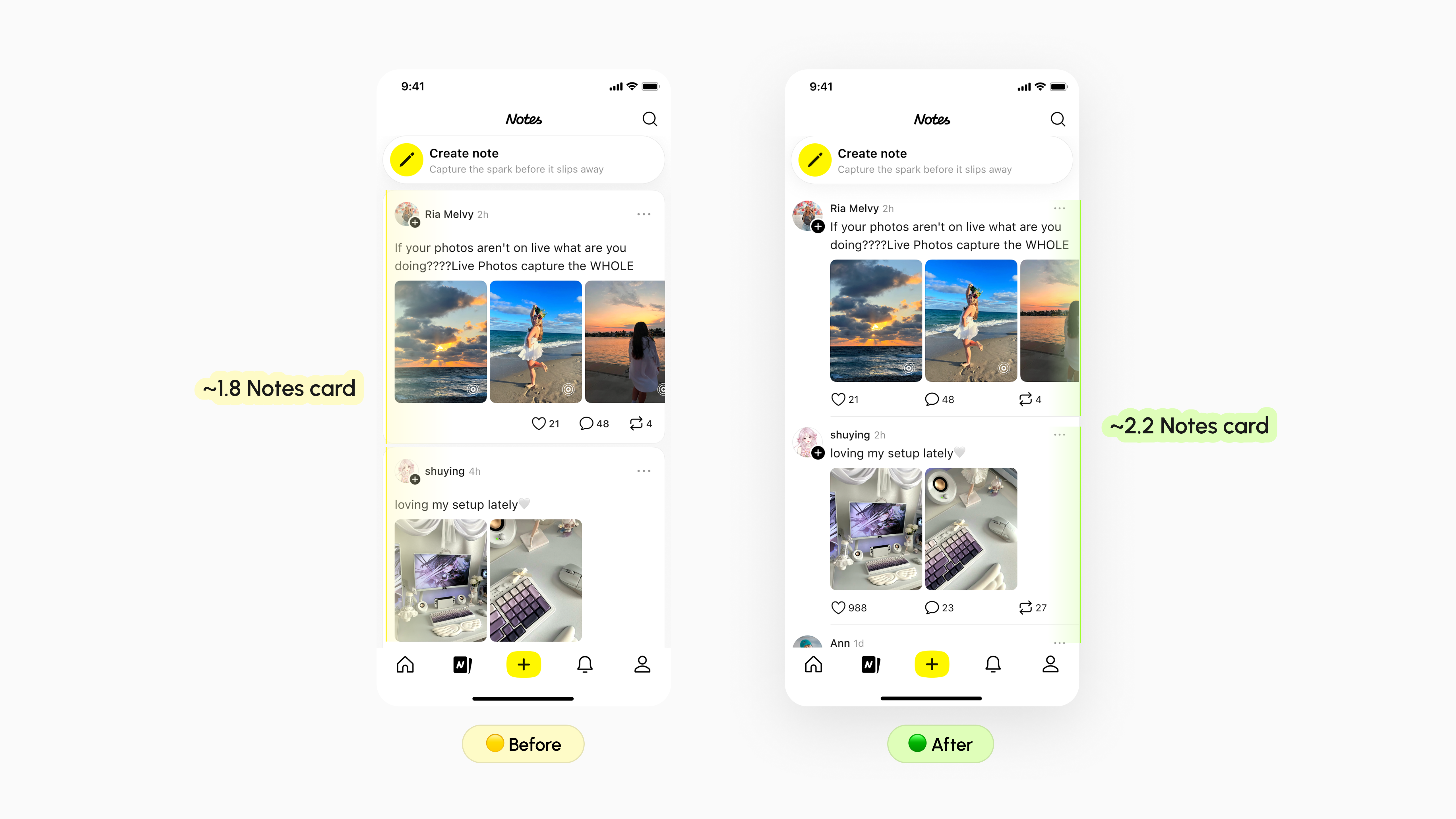 Before and after of the Notes feed: tighter spacing raises notes per screen from about 1.8 to about 2.2.